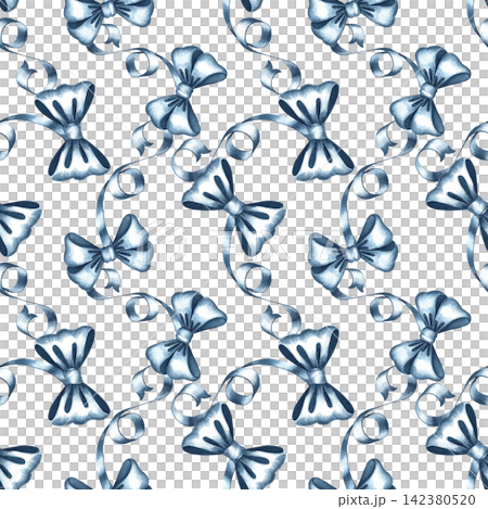 A seamless pattern of blue bows and ribbons. Hand drawn watercolor illustration. Ideal for textiles, tablecloths and curtains, as well as for prints on clothing, wrapping paper, wallpaper and more. 142380520