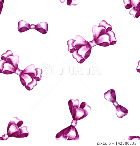 A seamless pattern of pink ribbon bows. A hand painted watercolor illustration. Perfect for textiles, clothing, tablecloths and curtains, wrapping paper, wallpaper, and much more. 142380535
