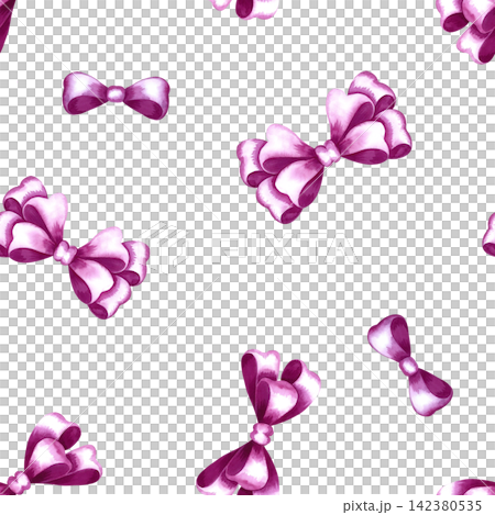 A seamless pattern of pink ribbon bows. A hand painted watercolor illustration. Perfect for textiles, clothing, tablecloths and curtains, wrapping paper, wallpaper, and much more. 142380535