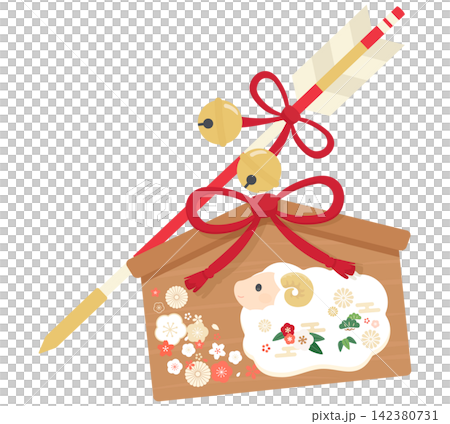 Illustrations of a sheep votive tablet and a protective arrow for New Year's. Illustrations of a sheep votive tablet and a protective arrow for New Year's. 142380731