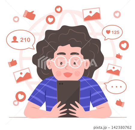 Boy Kid Watching Social Media Content and Chatting on Smartphone for Social Media Addiction and FOMO Concept Illustration 142380762