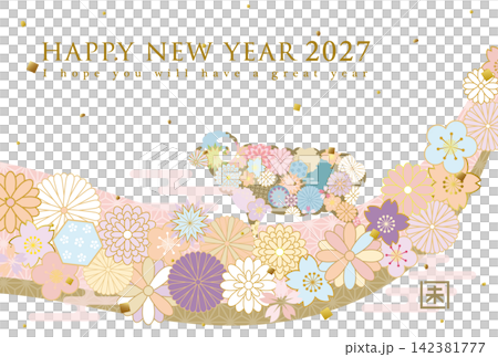 2027年羊年:日式花卉綿羊新年卡片模板 2027年羊年:日式花卉綿羊新年卡片模板 142381777