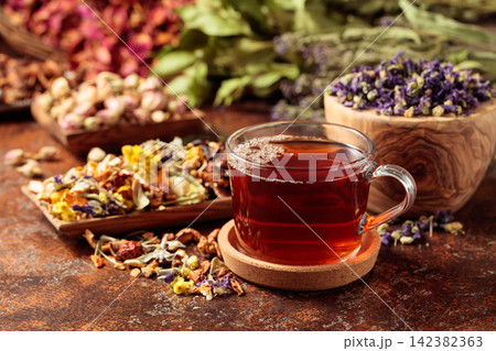 Herbal tea and a mix of various dried medicinal plants and herbs. Herbal tea and a mix of various dried medicinal plants and herbs. 142382363