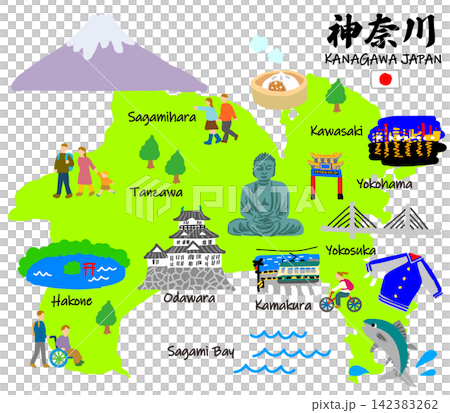 Kanagawa Prefecture Travel: Hand-drawn, Tourist Spots, Illustrated Map Kanagawa Prefecture Travel: Hand-drawn, Tourist Spots, Illustrated Map 142383262