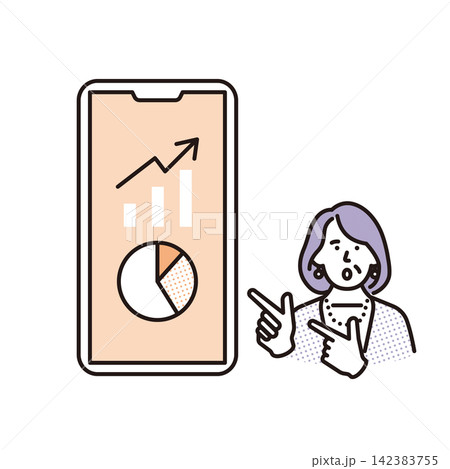 シンプル　イラスト　スマートフォンで資産運用や投資実績を確認するシニア女性 ベクターイラスト 142383755