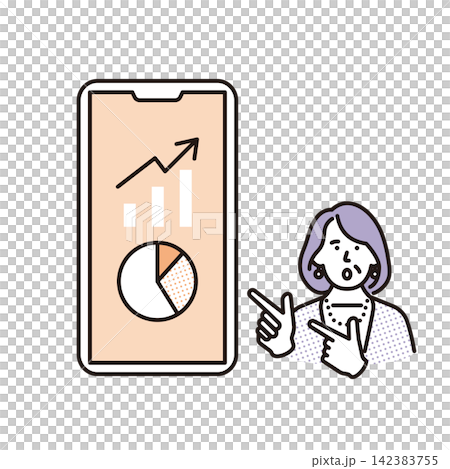 シンプル　イラスト　スマートフォンで資産運用や投資実績を確認するシニア女性 ベクターイラスト 142383755