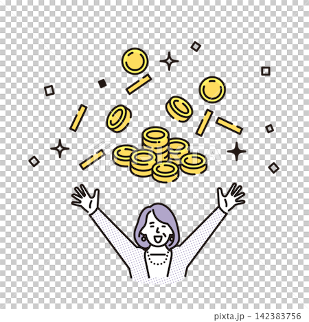 シンプル イラスト お金が増えて喜ぶシニア女性とたくさんのコイン ベクターイラスト シンプル イラスト お金が増えて喜ぶシニア女性とたくさんのコイン ベクターイラスト 142383756