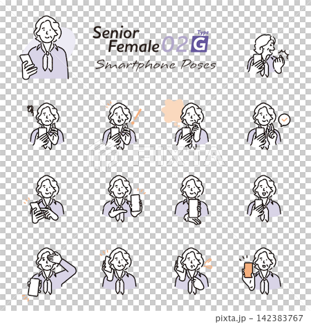 Simple illustration set of facial expressions and poses of a senior woman using a smartphone (vector illustration) 142383767