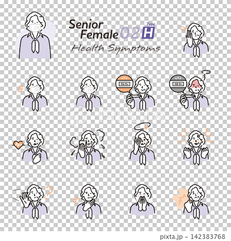 Simple illustrations of senior women depicting various health problems and symptoms (vector illustrations) Simple illustrations of senior women depicting various health problems and symptoms (vector illustrations) 142383768