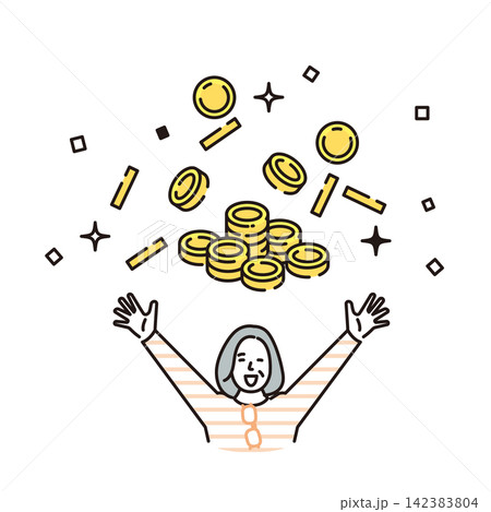 シンプル イラスト お金が増えて喜ぶシニア女性とたくさんのコイン ベクターイラスト シンプル イラスト お金が増えて喜ぶシニア女性とたくさんのコイン ベクターイラスト 142383804