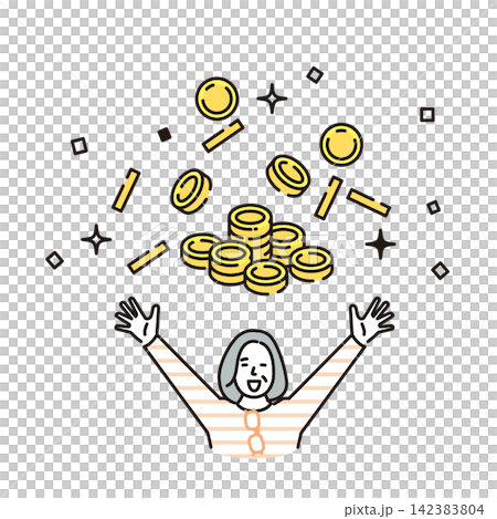 シンプル イラスト お金が増えて喜ぶシニア女性とたくさんのコイン ベクターイラスト シンプル イラスト お金が増えて喜ぶシニア女性とたくさんのコイン ベクターイラスト 142383804
