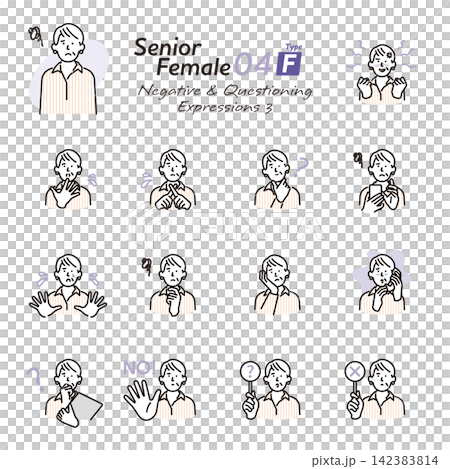 簡約插畫：一組3幅向量插圖，描繪了表情消極/質疑的老年女性。 142383814