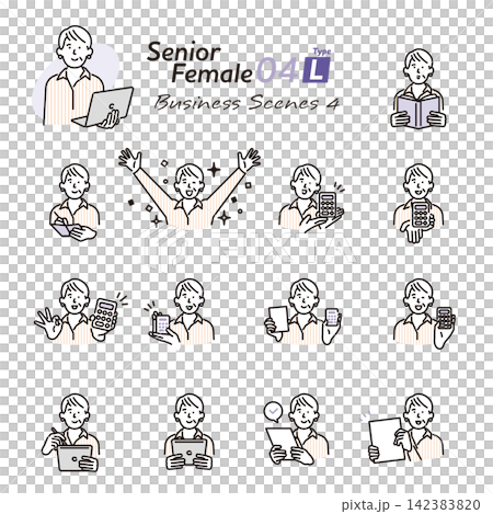 Simple illustration set of poses of senior women using calculators and digital devices (vector illustration) Simple illustration set of poses of senior women using calculators and digital devices (vector illustration) 142383820
