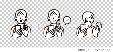 Simple illustration set of poses of a senior woman operating and checking her smartphone (vector illustration) Simple illustration set of poses of a senior woman operating and checking her smartphone (vector illustration) 142383822