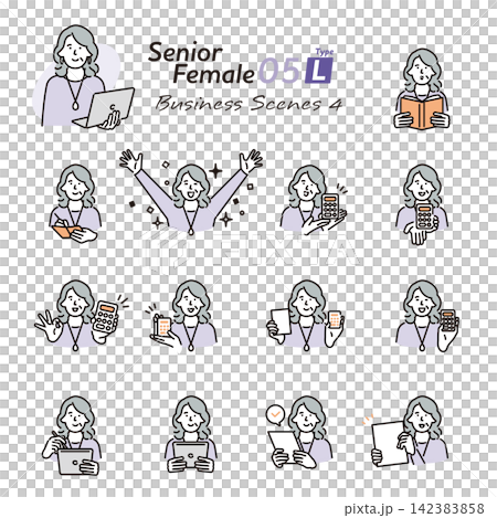 Simple illustration set of poses of senior women using calculators and digital devices (vector illustration) Simple illustration set of poses of senior women using calculators and digital devices (vector illustration) 142383858