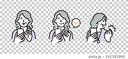 シンプル イラスト スマートフォンを操作して確認するシニア女性のポーズセット ベクターイラスト シンプル イラスト スマートフォンを操作して確認するシニア女性のポーズセット ベクターイラスト 142383860
