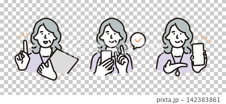 Simple illustration set of poses for senior women guiding users through smartphone operation and screen navigation (vector illustration) Simple illustration set of poses for senior women guiding users through smartphone operation and screen navigation (vector illustration) 142383861