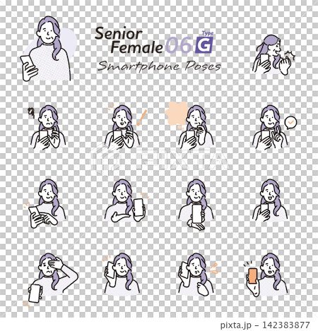 Simple illustration set of facial expressions and poses of a senior woman using a smartphone (vector illustration) Simple illustration set of facial expressions and poses of a senior woman using a smartphone (vector illustration) 142383877