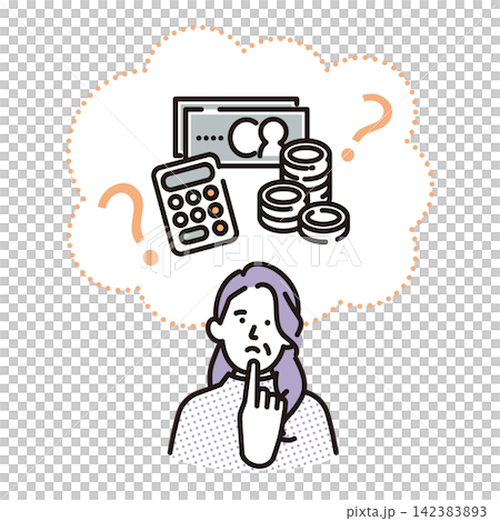 Simple illustration: A senior woman thinking about asset management (vector illustration) Simple illustration: A senior woman thinking about asset management (vector illustration) 142383893
