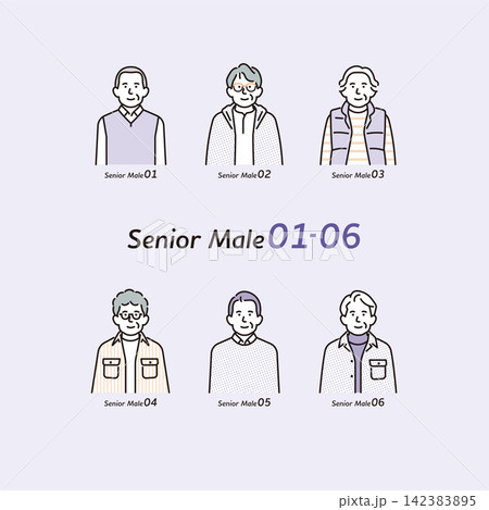 シンプル イラスト さまざまなタイプのシニア男性6人の人物バリエーションセット ベクターイラスト シンプル イラスト さまざまなタイプのシニア男性6人の人物バリエーションセット ベクターイラスト 142383895