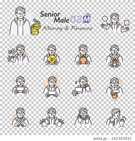 Simple illustrations: A set of vector illustrations depicting senior men in various poses related to money, savings, and points. Simple illustrations: A set of vector illustrations depicting senior men in various poses related to money, savings, and points. 142383932