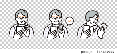 Simple illustration: A set of poses for a senior man operating and checking a smartphone (vector illustration) Simple illustration: A set of poses for a senior man operating and checking a smartphone (vector illustration) 142383933