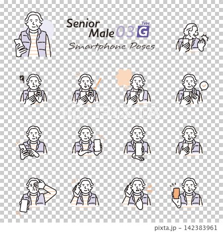 Simple illustration set of facial expressions and poses of a senior man using a smartphone (vector illustration) Simple illustration set of facial expressions and poses of a senior man using a smartphone (vector illustration) 142383961