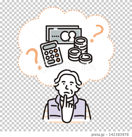 Simple illustration: A senior man thinking about asset management (vector illustration) Simple illustration: A senior man thinking about asset management (vector illustration) 142383978