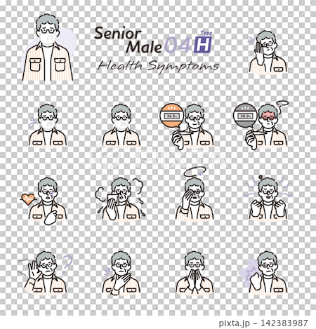 Simple illustrations of senior men depicting various health problems and symptoms (vector illustrations) Simple illustrations of senior men depicting various health problems and symptoms (vector illustrations) 142383987
