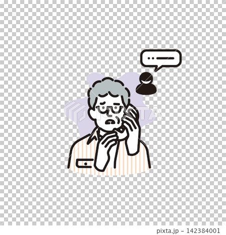 シンプル　イラスト　電話詐欺に怯えるシニア男性 ベクターイラスト 142384001