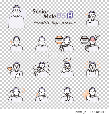 Simple illustrations of senior men depicting various health problems and symptoms (vector illustrations) 142384012