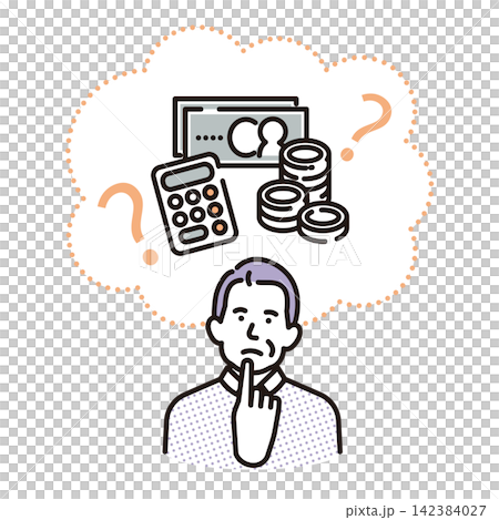 Simple illustration: A senior man thinking about asset management (vector illustration) Simple illustration: A senior man thinking about asset management (vector illustration) 142384027