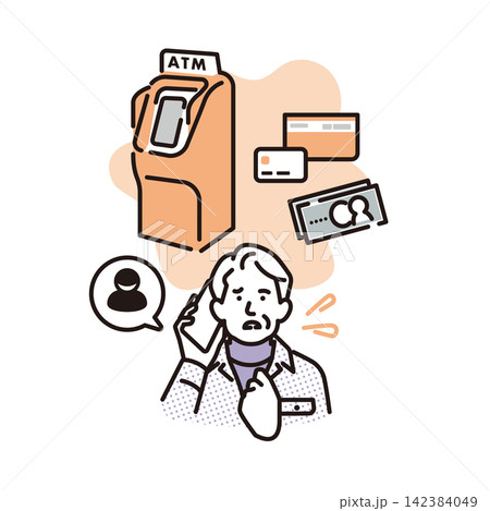 シンプル　イラスト　スマホを持って不安そうなシニア男性 ベクターイラスト 142384049