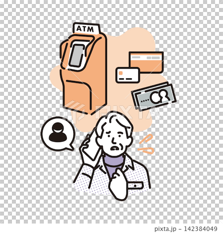 シンプル　イラスト　スマホを持って不安そうなシニア男性 ベクターイラスト 142384049