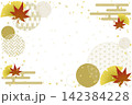 秋の和風モダンデザイン　紅葉したモミジ・イチョウの葉と丸型の和柄フレーム背景ベクター 142384228