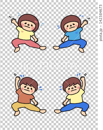 A set of illustrations of a boy and a girl who have started a diet and are working hard at yoga, gymnastics, and exercise. A set of illustrations of a boy and a girl who have started a diet and are working hard at yoga, gymnastics, and exercise. 142384673