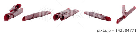 Set of Fruit Pastila roll tubes, isolated on transparent background. Sweet natural snack made from dried fruit puree, healthy dessert concept 142384771