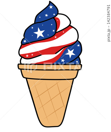 Patriotic 4th of July soft serve ice cream waffle cone USA flag colors red white blue sticker print visual graphic clipart artwork design icon element illustration 142384791