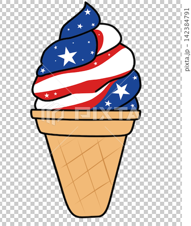 Patriotic 4th of July soft serve ice cream waffle cone USA flag colors red white blue sticker print visual graphic clipart artwork design icon element illustration 142384791