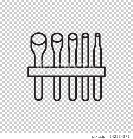Minimalist line art icon of a multi-piece drive punch set arranged on an organizing rack. Minimalist line art icon of a multi-piece drive punch set arranged on an organizing rack. 142384871