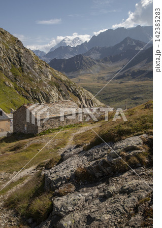 Great st bernard pass historic stone building in alps Great st bernard pass historic stone building in alps 142385283