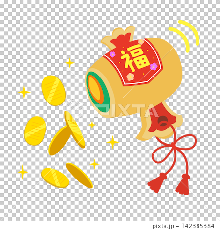 An auspicious illustration of a magic mallet and scattered gold coins. An auspicious illustration of a magic mallet and scattered gold coins. 142385384