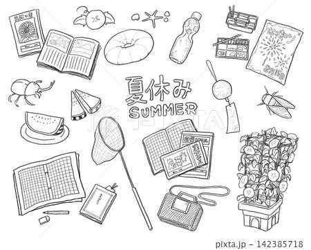 手描きのシンプルな夏休みセット線画 手描きのシンプルな夏休みセット線画 142385718