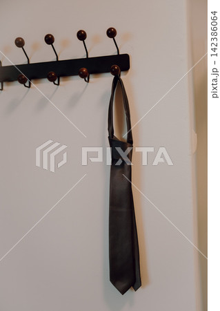 Elegant Tie Hanging on a Hanger in Minimalist Composition, Symbol of Formal Wear, Business Style, Professionalism and Sophisticated Fashion, Soft Sepia 142386064