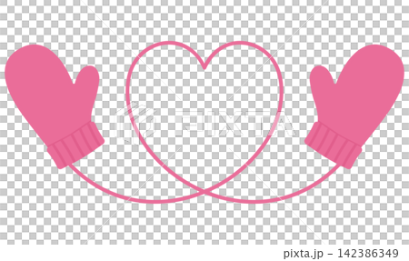 An illustration of pink gloves with strings forming a heart-shaped frame. 142386349