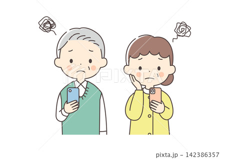 スマホを持って困っているシニア男女の上半身イラスト スマホを持って困っているシニア男女の上半身イラスト 142386357