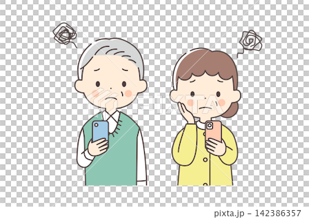 スマホを持って困っているシニア男女の上半身イラスト スマホを持って困っているシニア男女の上半身イラスト 142386357