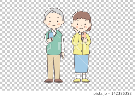 老年男女使用智慧型手機時的全身插圖。 老年男女使用智慧型手機時的全身插圖。 142386358