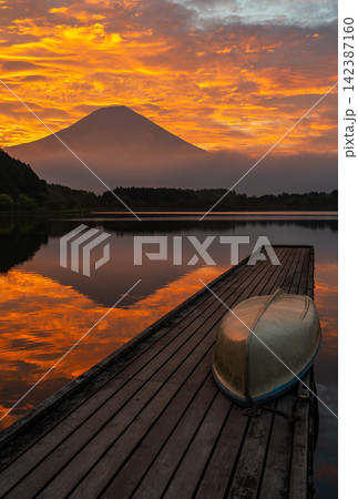 夏の富士宮市 田貫湖に映る朝焼け雲と富士山 夏の富士宮市 田貫湖に映る朝焼け雲と富士山 142387160