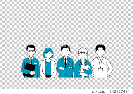 A set of simple line-drawn vector illustrations of the upper bodies of young male and female business professionals working in a company. A set of simple line-drawn vector illustrations of the upper bodies of young male and female business professionals working in a company. 142387484